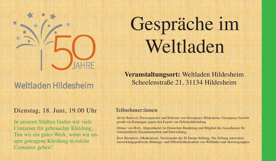 Interner Link: Zur Veranstaltung 50 Jahre Weltladen Hildesheim - Gespräche im Weltladen