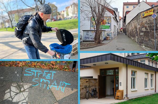 Das Bild ist aus vier Aufnahmen zusammengesetzt: Ein Mann, der einen Mülleimerdeckel anhebt und hineinschaut; eine Seitenstraße; ein Hauseingang mit offener Tür und der Schriftzug "Street Smart" mit Kreide auf den Asphalt geschrieben.